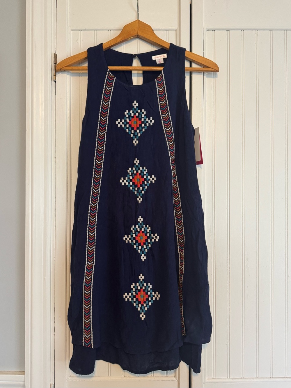 Xhilaration Navy Sleeveless Midi Dress with Colorful Embroidery